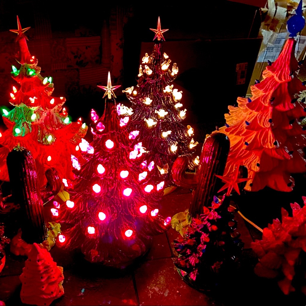 Ceramic Christmas trees with light kit and colored twist bulbs